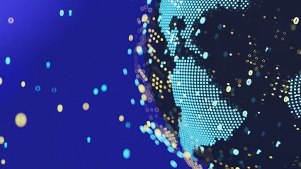 An abstract graphic of a portion of the Earth made up of various light blue and blue-black large pixels on a dark blue background, with varying large dots and pixels overlaying the image. This image leads to an Insights Article from the Milken Institute titled "Global Digital Asset Adoption: Latin America".