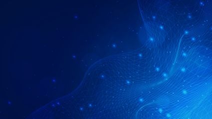 Abstract blue digital wave with glowing dots and grid lines on a dark background.