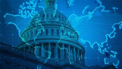 Capitol building with a translucent world map and grid graphic layered on top.