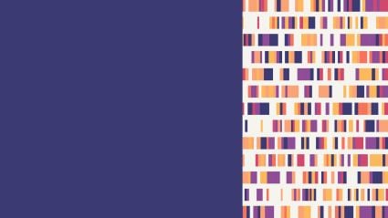Abstract graphic with a deep indigo field on the left and a vertical panel of multicolored rectangular bars on the right, arranged in rows, suggesting data patterns or genetic variation.