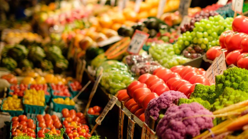 Rows of fresh produce at a market