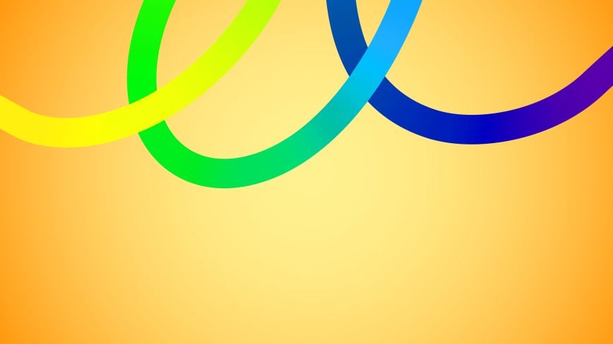 Abstract design with colorful curved ribbons in shades of blue, green, and yellow over a warm orange gradient background.