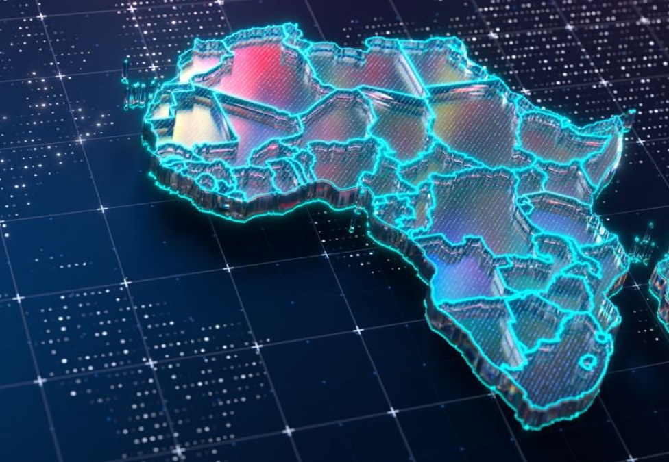 Digital 3D map of Africa glowing with neon blue borders and grid lines, symbolizing technology, innovation, and connectivity across the continent.