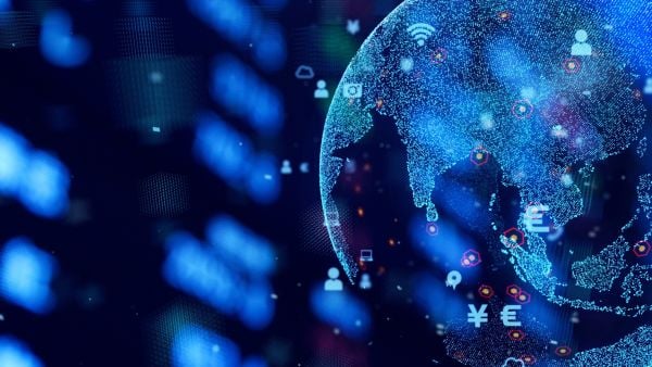 Digital illustration of Earth showing Asia and surrounding regions, overlaid with glowing data points, technology icons, and currency symbols representing global fintech and connectivity.