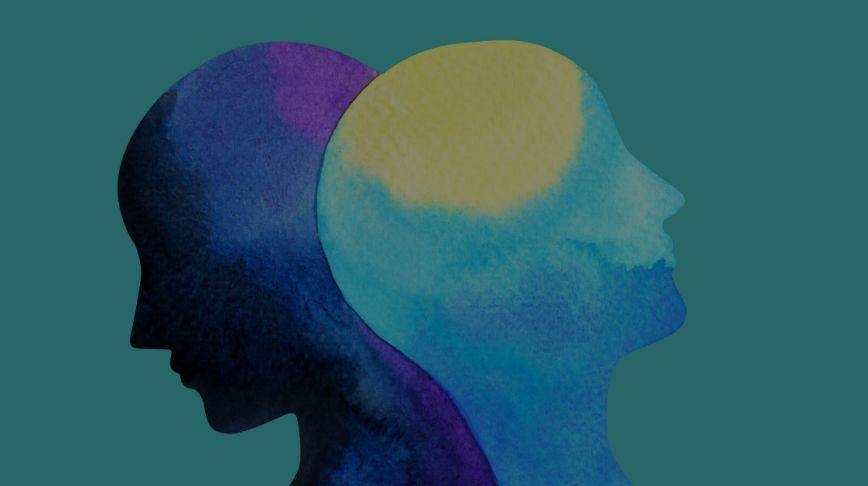 Outline of an aqua and yellow head profile overlapping a blue profile on a teal background
