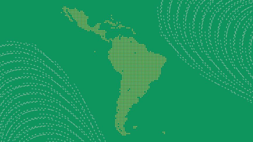 Stylized map of Latin America and the Caribbean made up of small yellow squares on a green background, with white dotted wave patterns on the left and right sides.