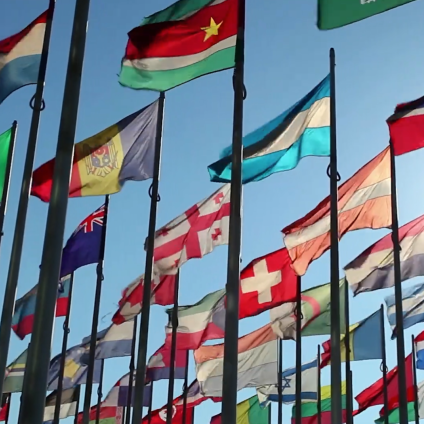 Flags from countries around the world displayed on separate poles