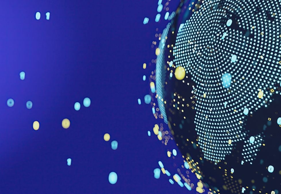 Abstract digital rendering of a globe, highlighting Sub-Saharan Africa with glowing blue and yellow data points and binary numbers, symbolizing global digital connectivity and asset adoption.