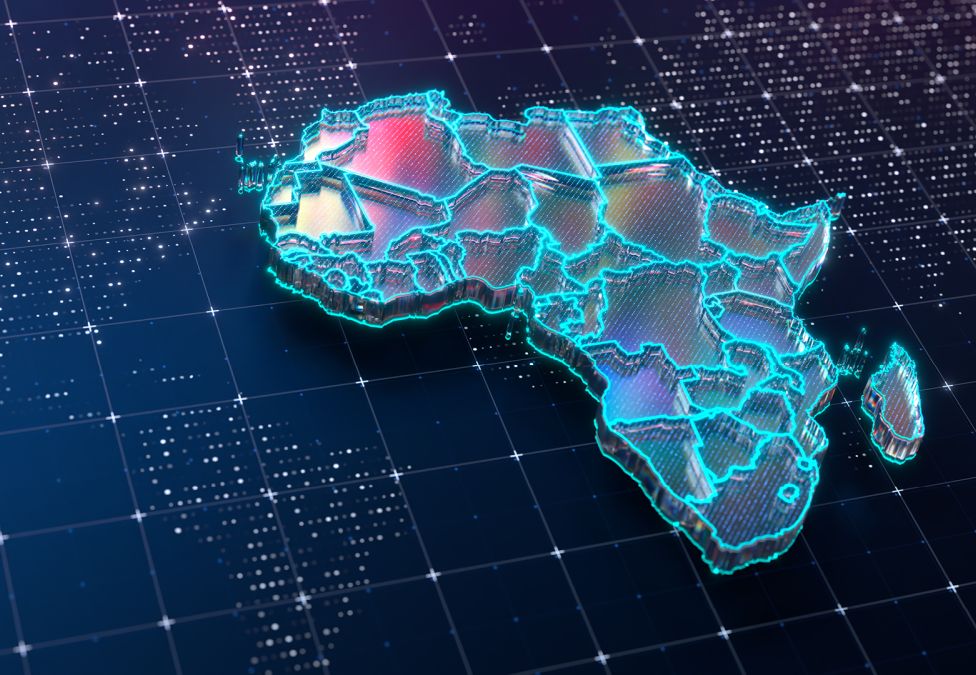 Digital illustration of Africa with country borders outlined in glowing neon blue against a futuristic grid background, symbolizing technology and connectivity across the continent.